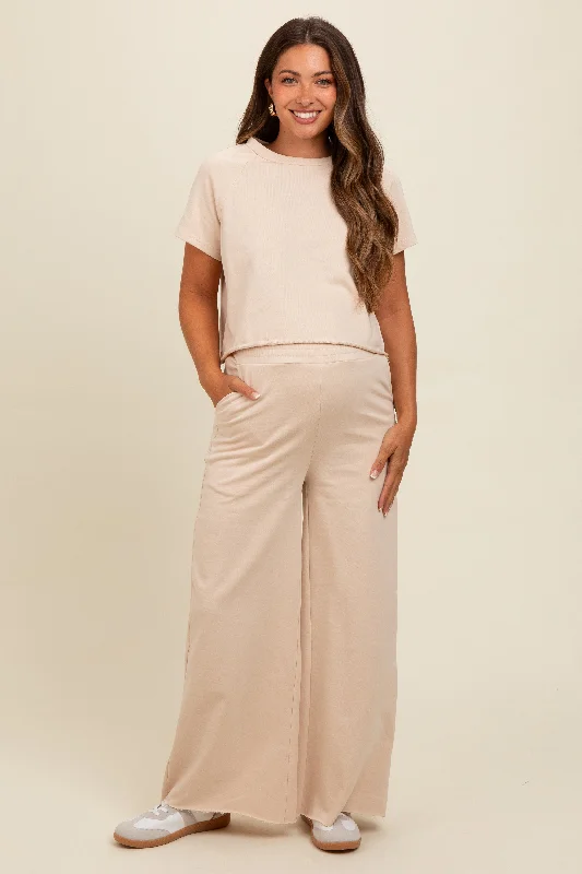 Beige Basic Tee And Wide Leg Pant Maternity Set