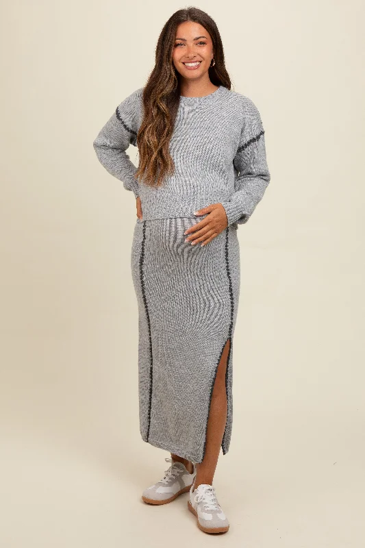 Heather Grey Contrast Stitch Knit Sweater And Maxi Skirt Maternity Set