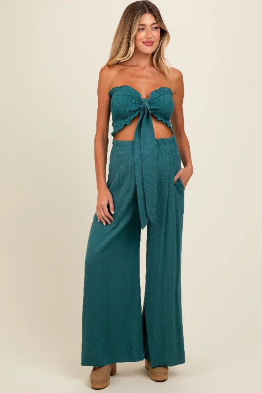 Teal Front Tie Crop Top and Pant Maternity Set