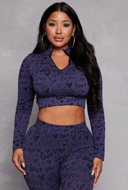 Love Print Seamless Zip Neck Crop Top