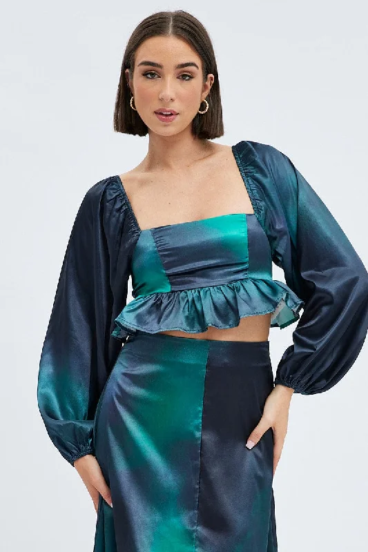 Green Print Crop Top Long Sleeve Square Neck Frill Hem Satin