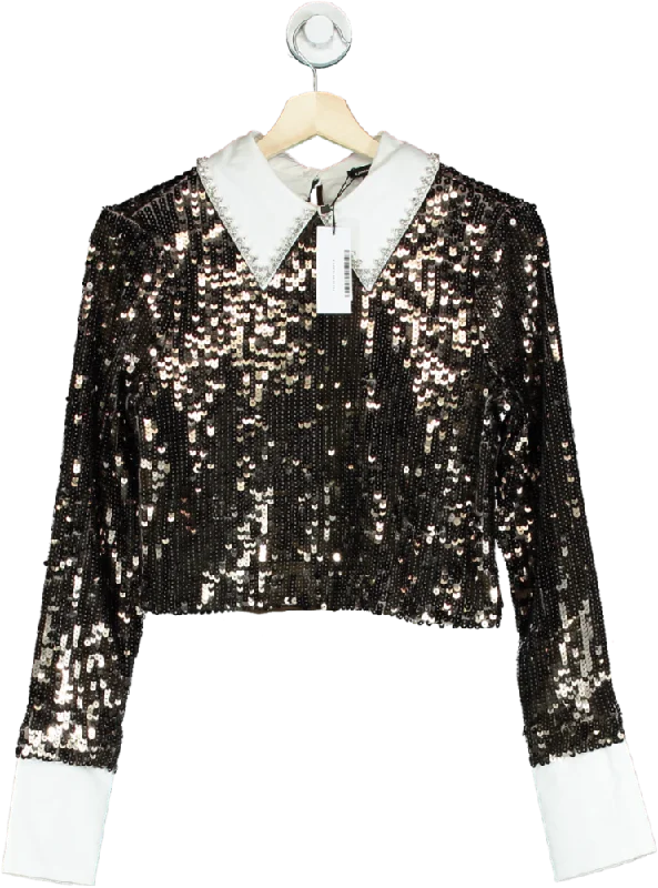 Karen Millen Gunmetal Sequin Woven Long Sleeve Crop Top UK 12