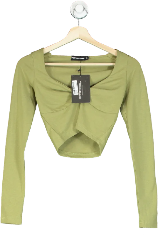 Pretty Little Thing Khaki Cotton Twist Front Long Sleeve Crop Top UK 10