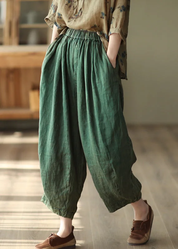 Green Solid Pockets Loose Linen Harem Pants High Waist