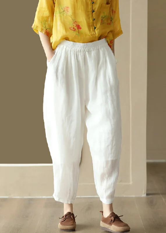 Loose White Pockets Elastic Waist Linen Crop Pants Summer