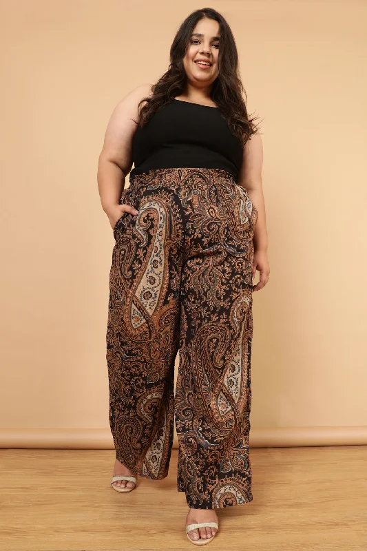 Plus Size Black Paisley Print Cotton High Waist Pants