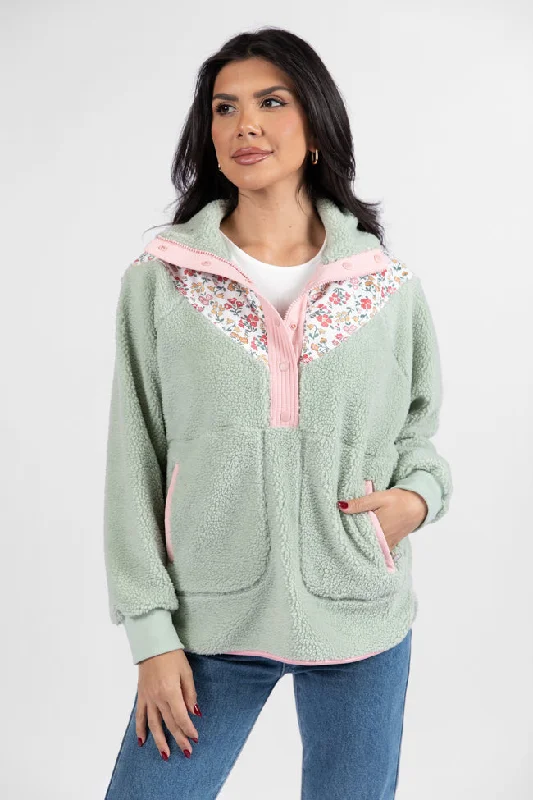 Good Feelings Sage Floral Multi Colorblock Sherpa Pullover DOORBUSTER- Coming Soon