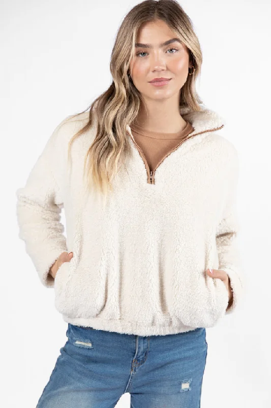 Stay Here Beige Contrast Trim Sherpa Pullover DOORBUSTER- Coming Soon