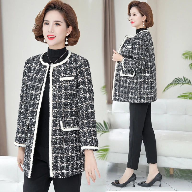 Luxury Designer Black Vintage V Neck Plaid Tweed Jacket