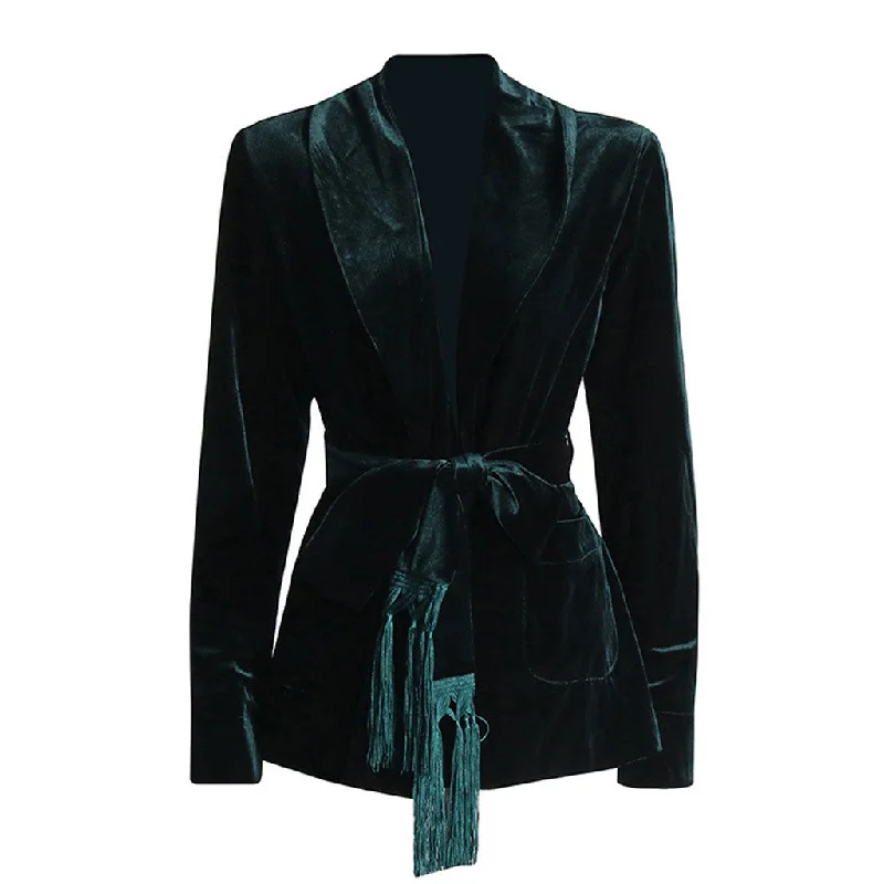 Opulent Shawl Neck Shoulder Pad Long Sleeve Belted Velvet Wrap Blazer