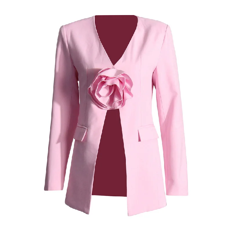 Romantic V Neck Front Split Shoulder Pad Long Sleeve Rosette Blazer