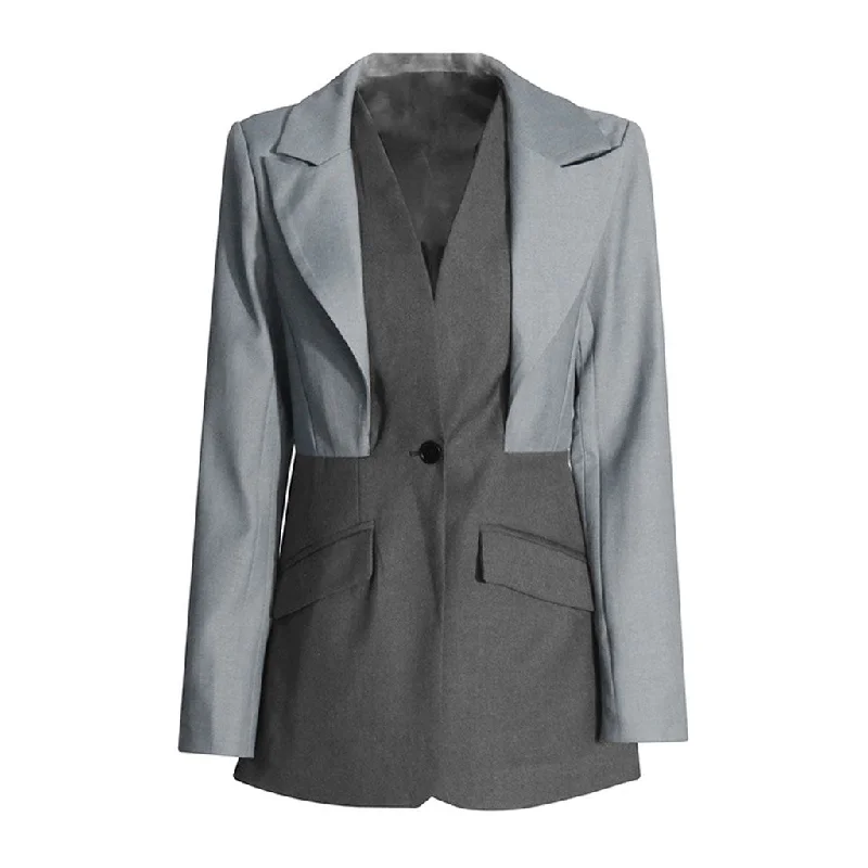 Sculptural Layered Collar Long Sleeve Two Tone One Button Tailored Blazer