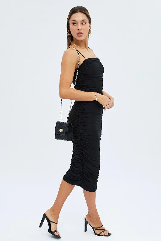 Black Bodycon Dress Ruched Midi Mesh