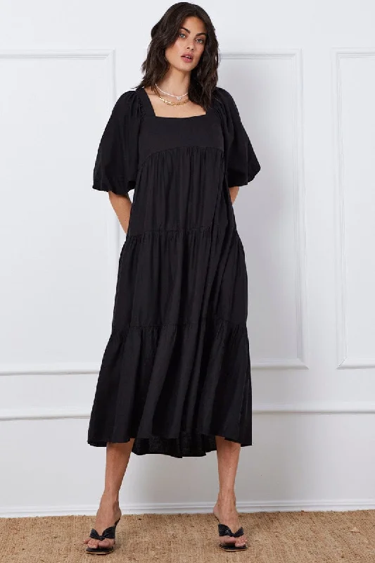 Black Midi Dress Short Sleeve Square Neck