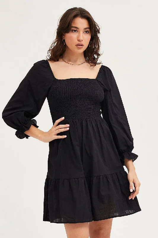 Black Skater Dress Puff Sleeve Mini