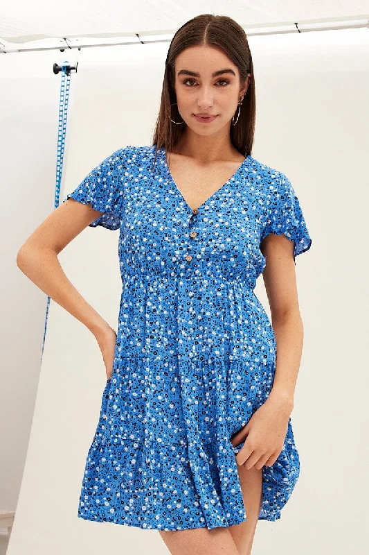 Blue Floral Button Front Short Sleeve Mini Skater Dress