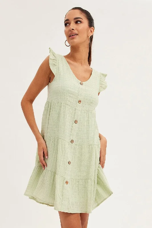 Green Button Front Mini Swing Dress