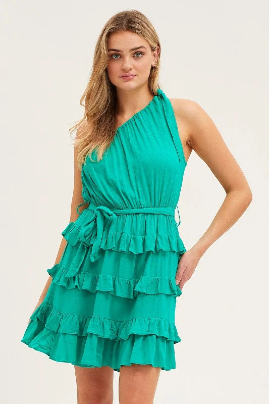 Green Mini Dress One Shoulder Sleeveless