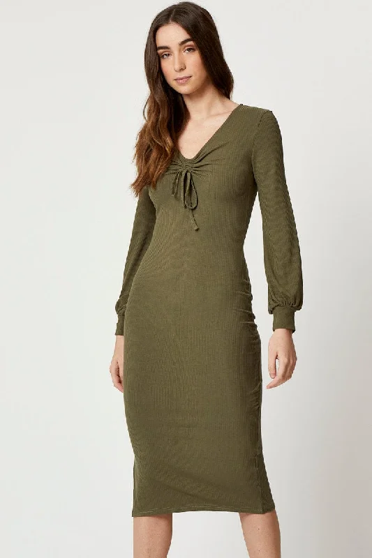 Green Ribbed Drawstring Midi Dress