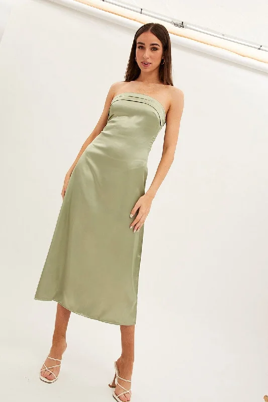 Green Satin Straight Midi Dress