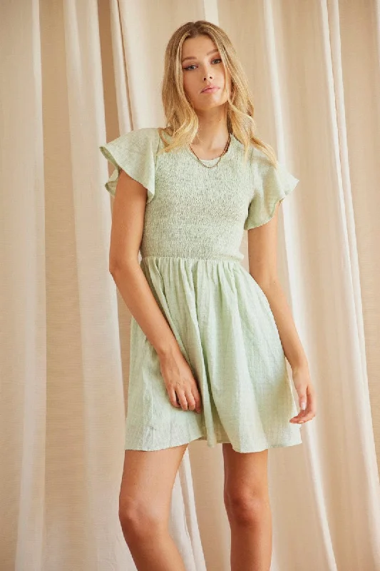 Green Shirred Skater Mini Dress