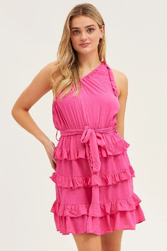 Pink Mini Dress One Shoulder Sleeveless