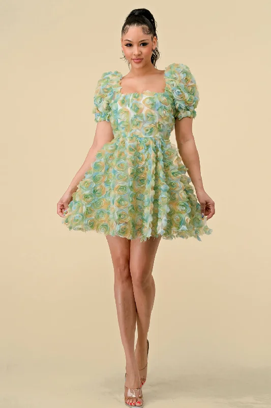 Short Puff Sleeve Chiffon 3D Flower Mini Dress