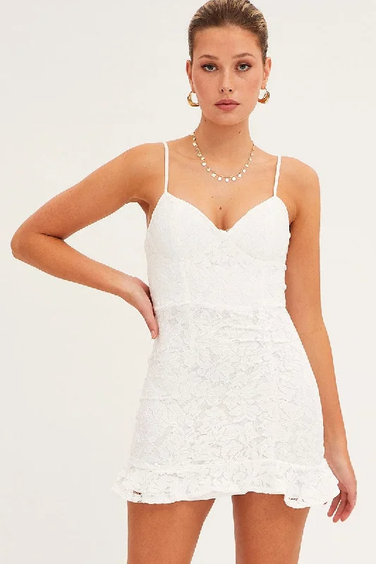 White Bodycon Dress Sleeveless Mini V-Neck Lace