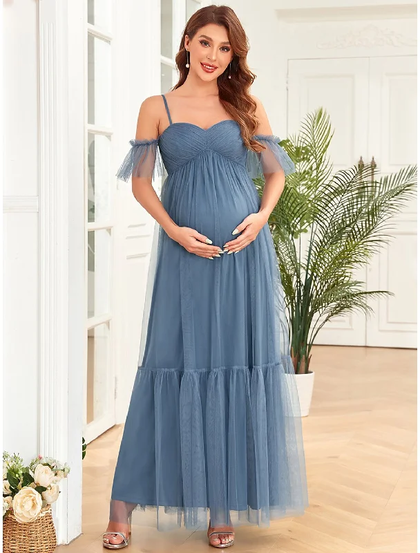 A-Line Evening Gown Maternity Dress Party Wear Wedding Guest Floor Length Sleeveless Spaghetti Strap Tulle with Ruched