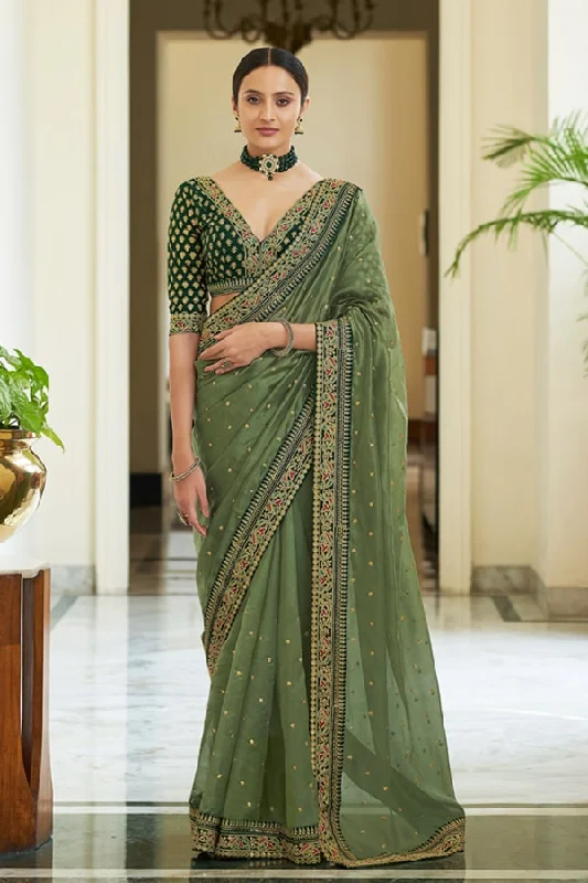 Olive Green Designer sarees for Wedding Party online