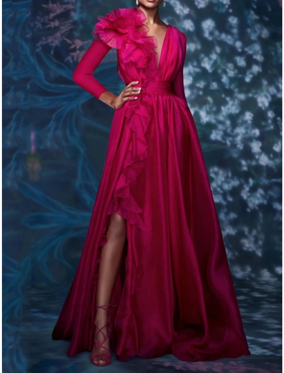 Gown Floral Dress Wedding Guest Wedding Party Floor Length Long Sleeve V Neck Chiffon with Pleats Slit Evening Dress