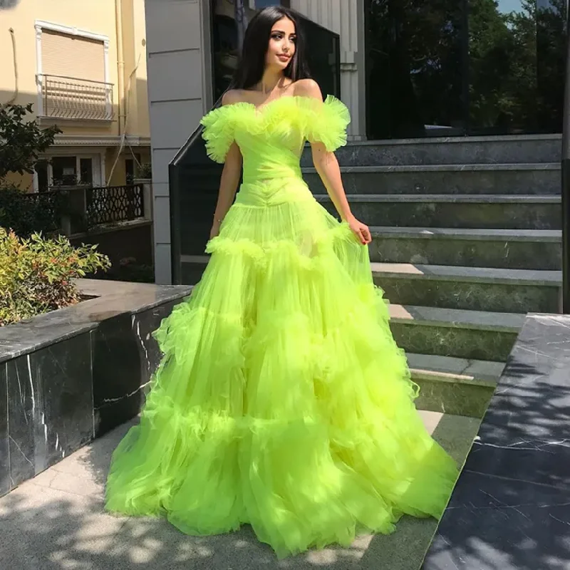 Green Off The Shoulder Ruffled Puffy Princess Prom Dress See Through Long Tulle Evening Party Dresses Robe Soirée Femme Mariage