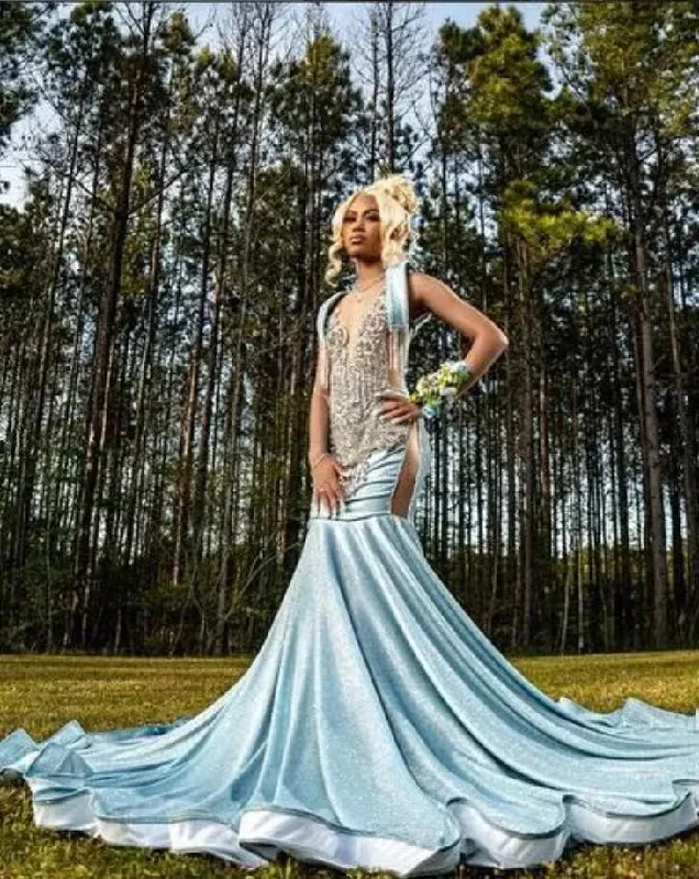 Ice Blue Sparkly Long Evening Birthday Dresses for Black Girl Luxury Gillter Mermaid Crystal Prom Ceremony Gown Gala Dress