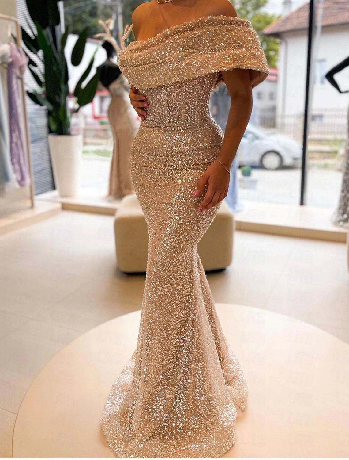 Mermaid Gown Elegant Formal Floor Length Sleeveless Off Shoulder Sequined with Sequin Evening Dress