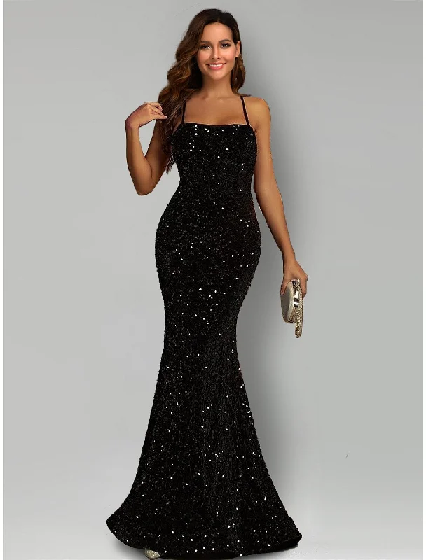 Mermaid / Trumpet Evening Gown Sparkle & Shine Dress Formal Black Tie Sweep / Brush Train Sleeveless Halter Neck Sequined with Sequin