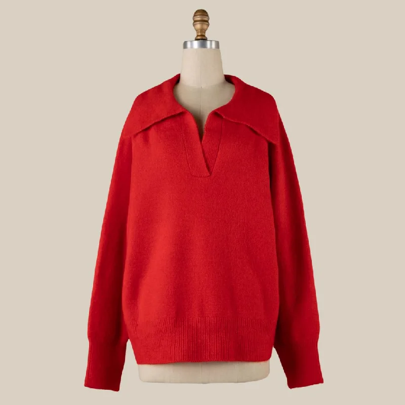 Collar V Neck Knit Sweater (Red)