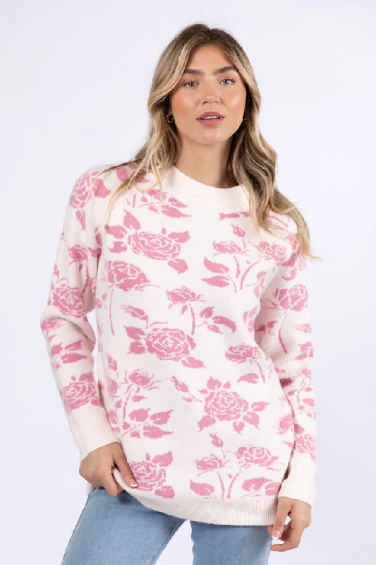 Feeling Like Love Ivory and Pink Floral Crew Neck Sweater