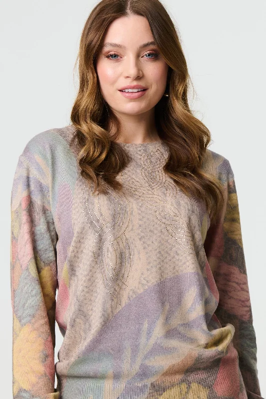 Abstract Long Sleeve Round Neck Knit Top