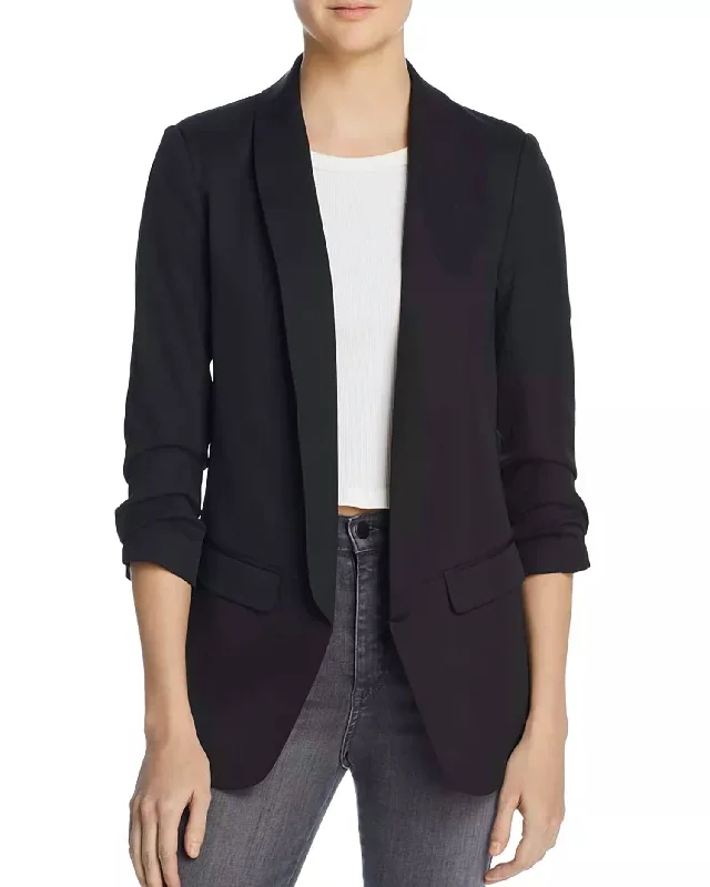 Open Front Ruched Sleeve Blazer Jacket In Black